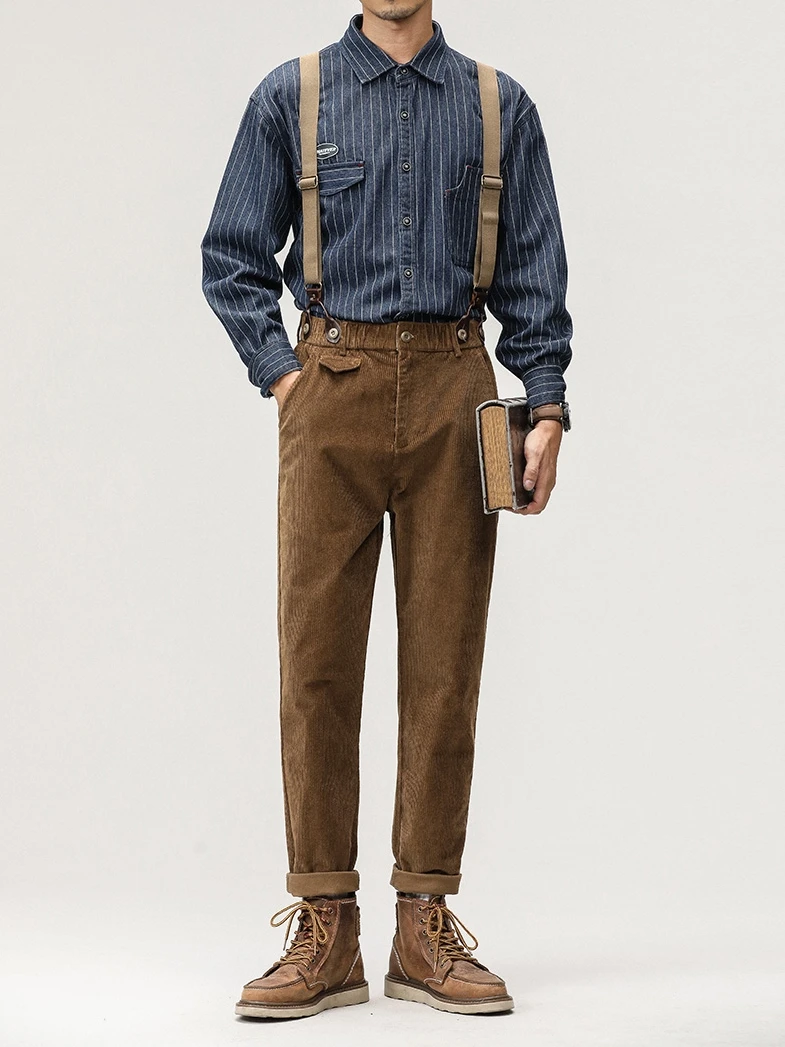 

2023 New Corduroy Overalls Men's Straight Leg Workwear Japanese Retro Casual Overalls Autumn Winter Men's Strap Pants