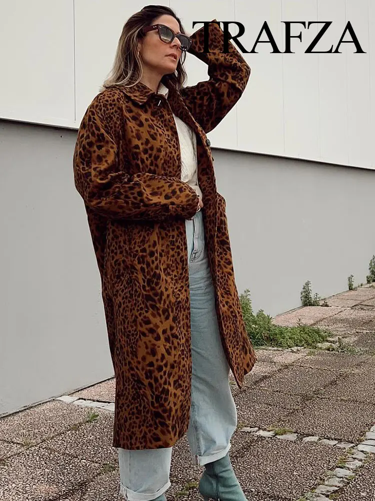 TRAFZA Spring Retro Leopard Lapel Women\'s Jacket Street Coat Chic Long Sleeve Hidden Button Pocket Loose Women\'s Slim Coat TRAF