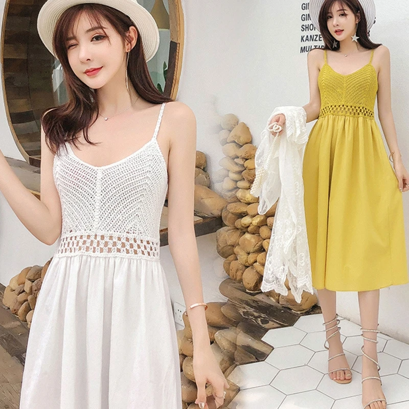 Solid Color Crochet Knit Women Pleated Flare Hem Midi Long Dress N7YE