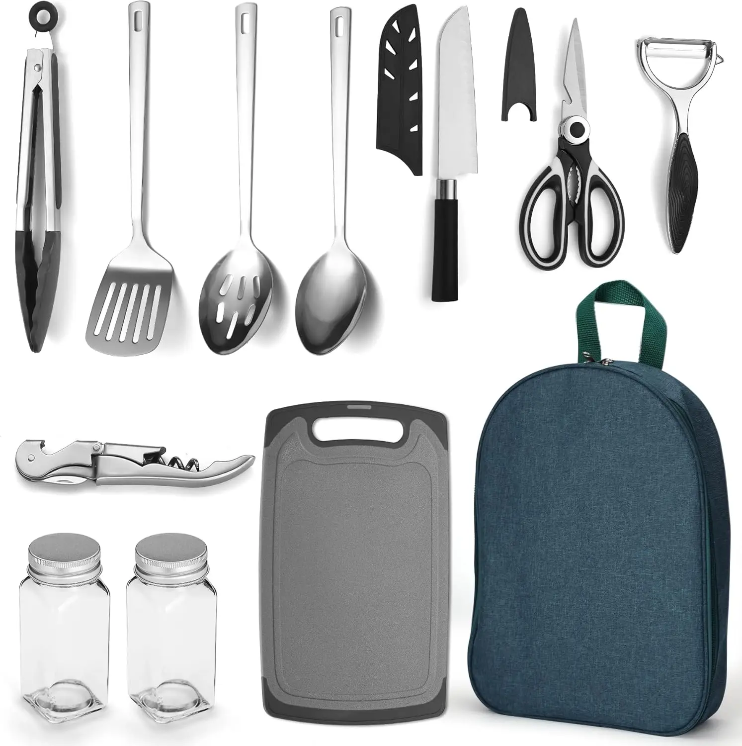 

10-Piece Stainless Steel Camping Kitchen Utensil Set with Travel Bag, Portable for BBQ, Picnic, RV, Outdoor Cooking