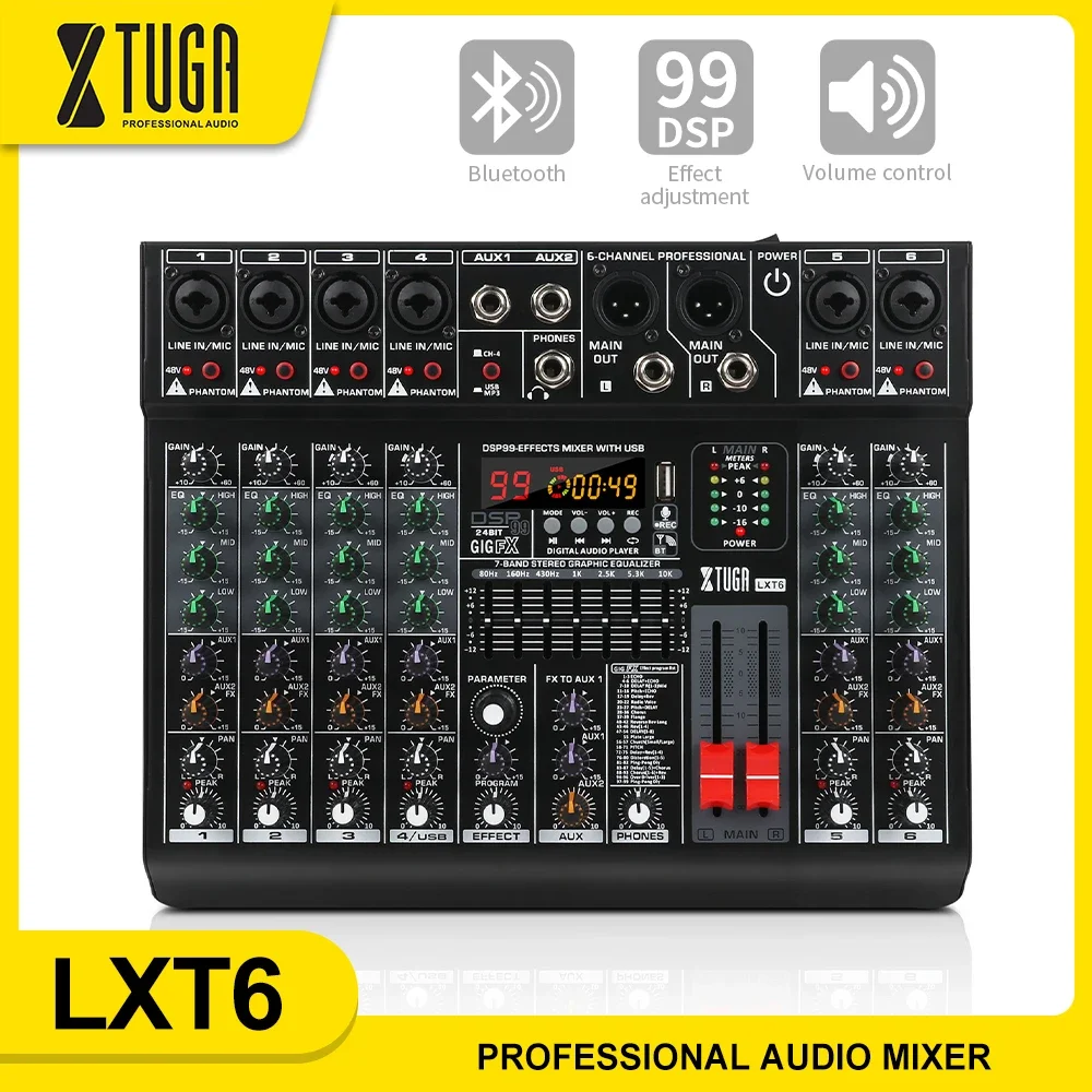 

XTUGA LXT6 Professional DJ Mixer 6-Channel Mixer Supports 48V Wanda Power with 99 DSP Effects for Stage Tuning Recording Studio