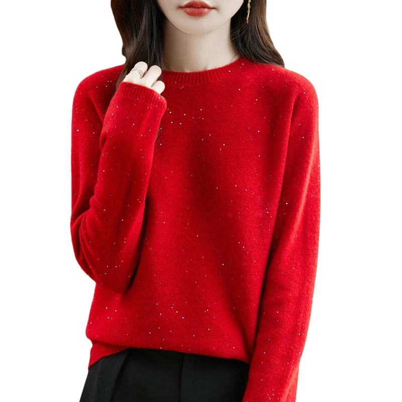 Sweter z okrągłym dekoltem, 100% wełna merino, sweter wkładany przez głowę, jesień, zima, miękki, damski, długi rękaw, dzianina, elegancki, modny, odzież, topy
