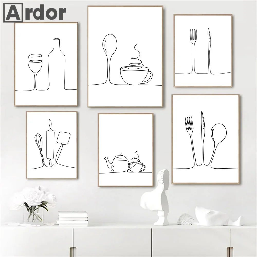 Modular Picture Nordic Style Printed Poster Line Coffee Red Wine Knife And Fork Wall Art Canvas Painting Kitchen Home Decoration