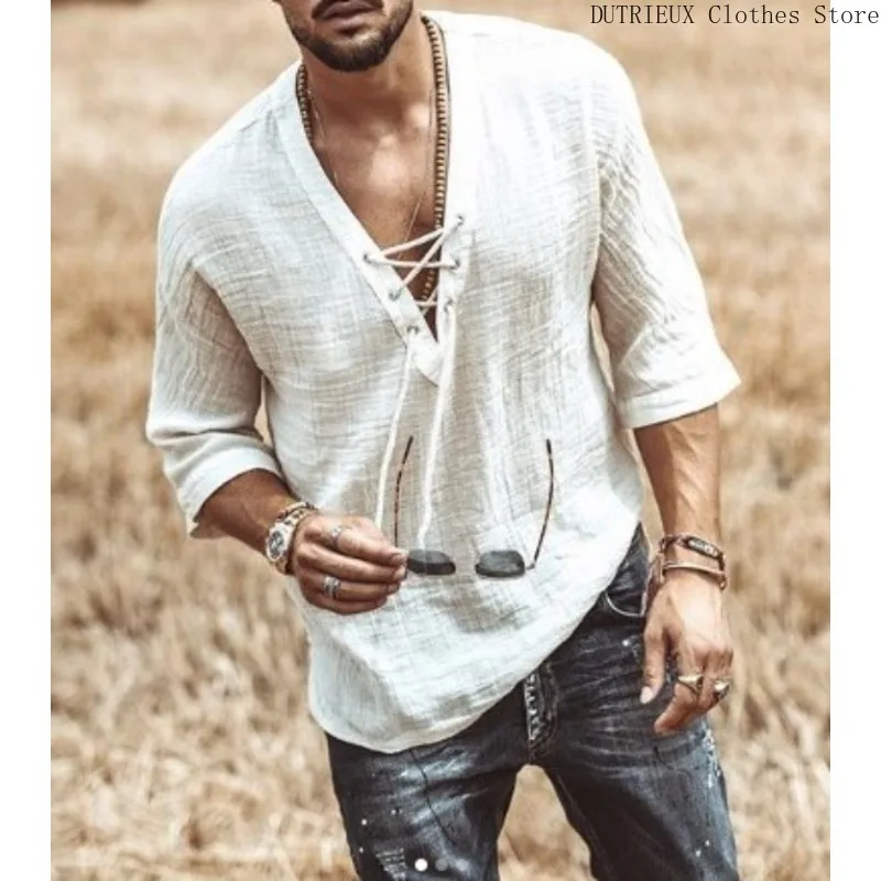 Men's V-neck Lace-up Mid-sleeve Shirt Large Size Cotton and Linen Breathable T-shirt Spring and Summer Casual Outdoor Clothing image 4