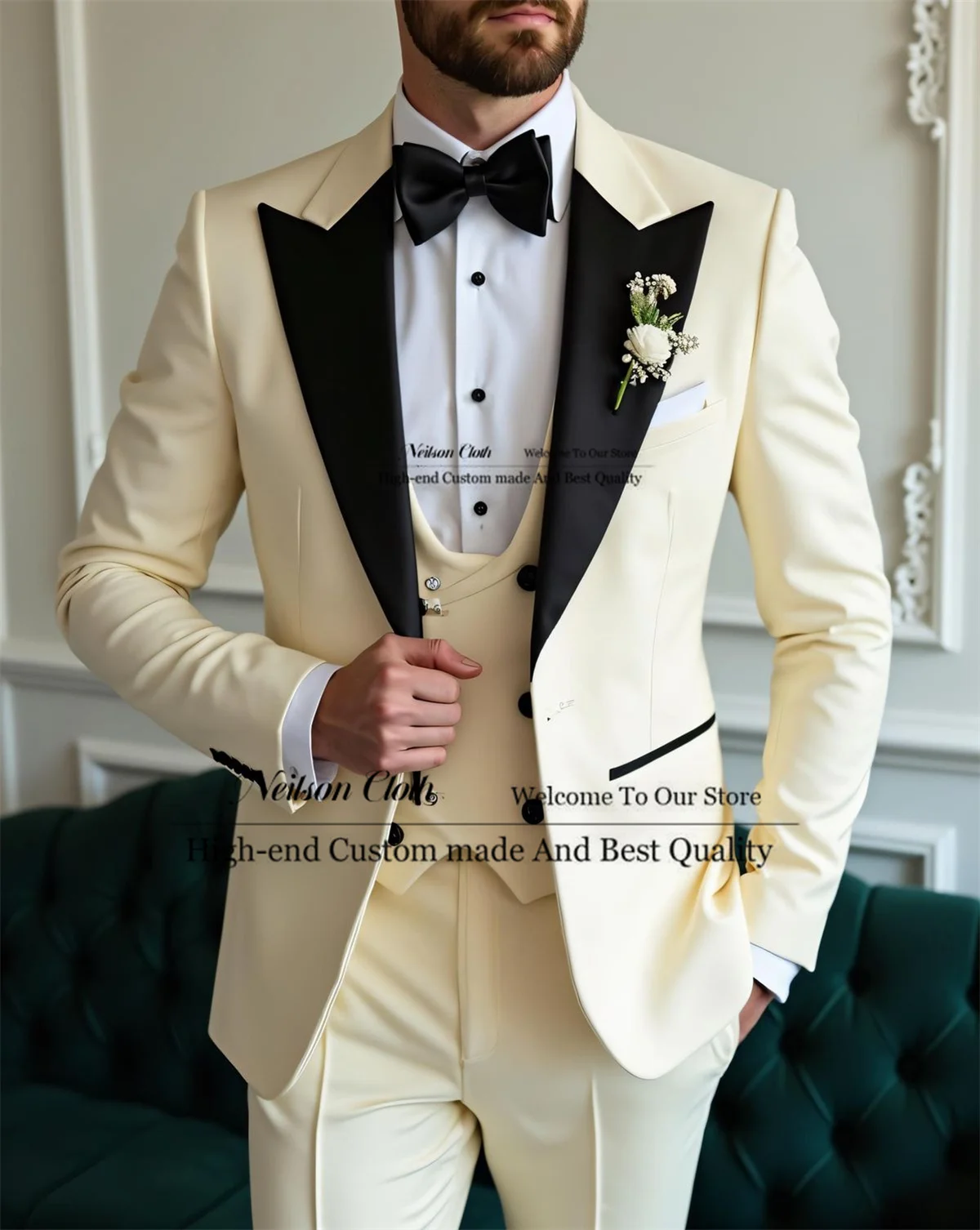 

Business Beige Male Prom Blazers 3 Pcs Sets Peaked Lapel Groom Wedding Tuxedos Groomsmen Customized Slim Fit Costume Homme