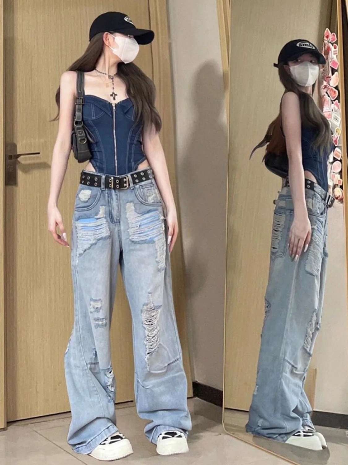 

American Retro Old Ripped Jeans Women Summer New High-Waisted Slim Loose Sycamore Wide-Leg Straight-Leg Floor Pants