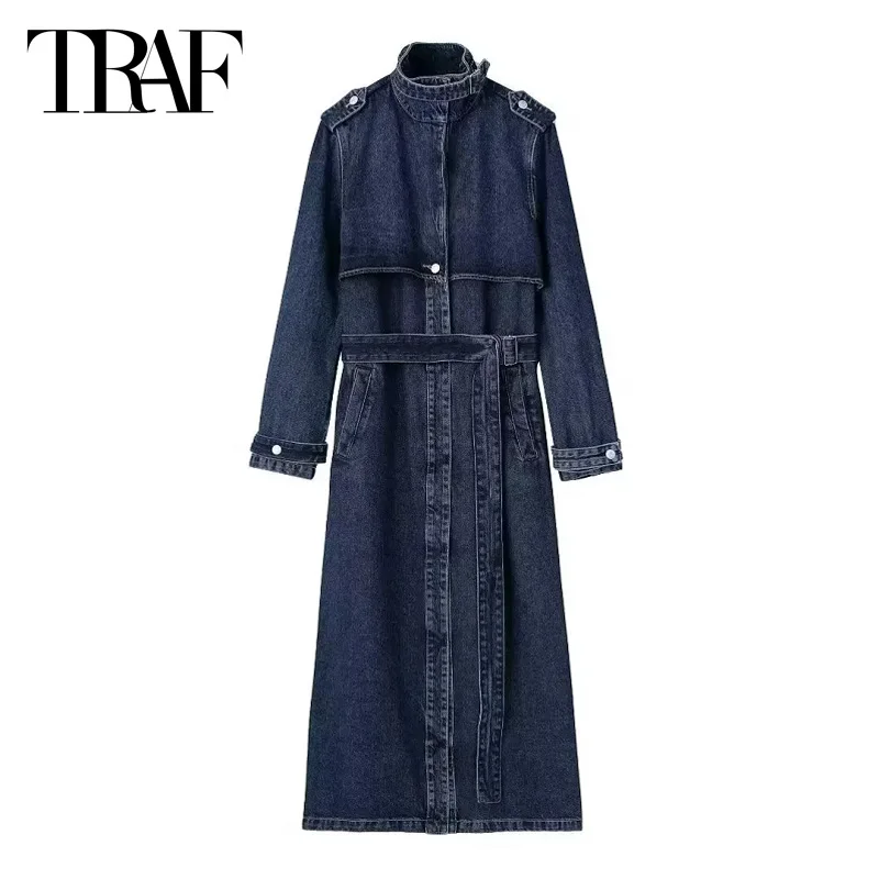 

TRAF Denim Trench Coat 2024 Women's Warm Winter Long Jacket Fashion Casual Long Sleeve Outdoor Windbreaker New In Outerwears