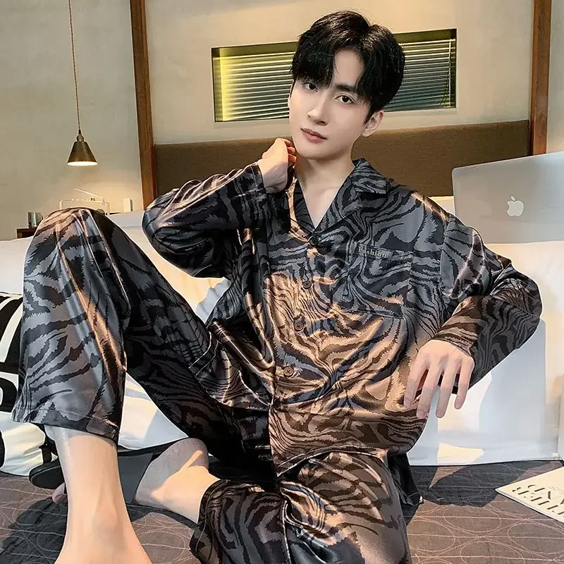 Small Lapel Cool Home Suit Set Summer Students Young Men\'s Pajamas Spring and Autumn High-grade Ice Silk Long Sleeve