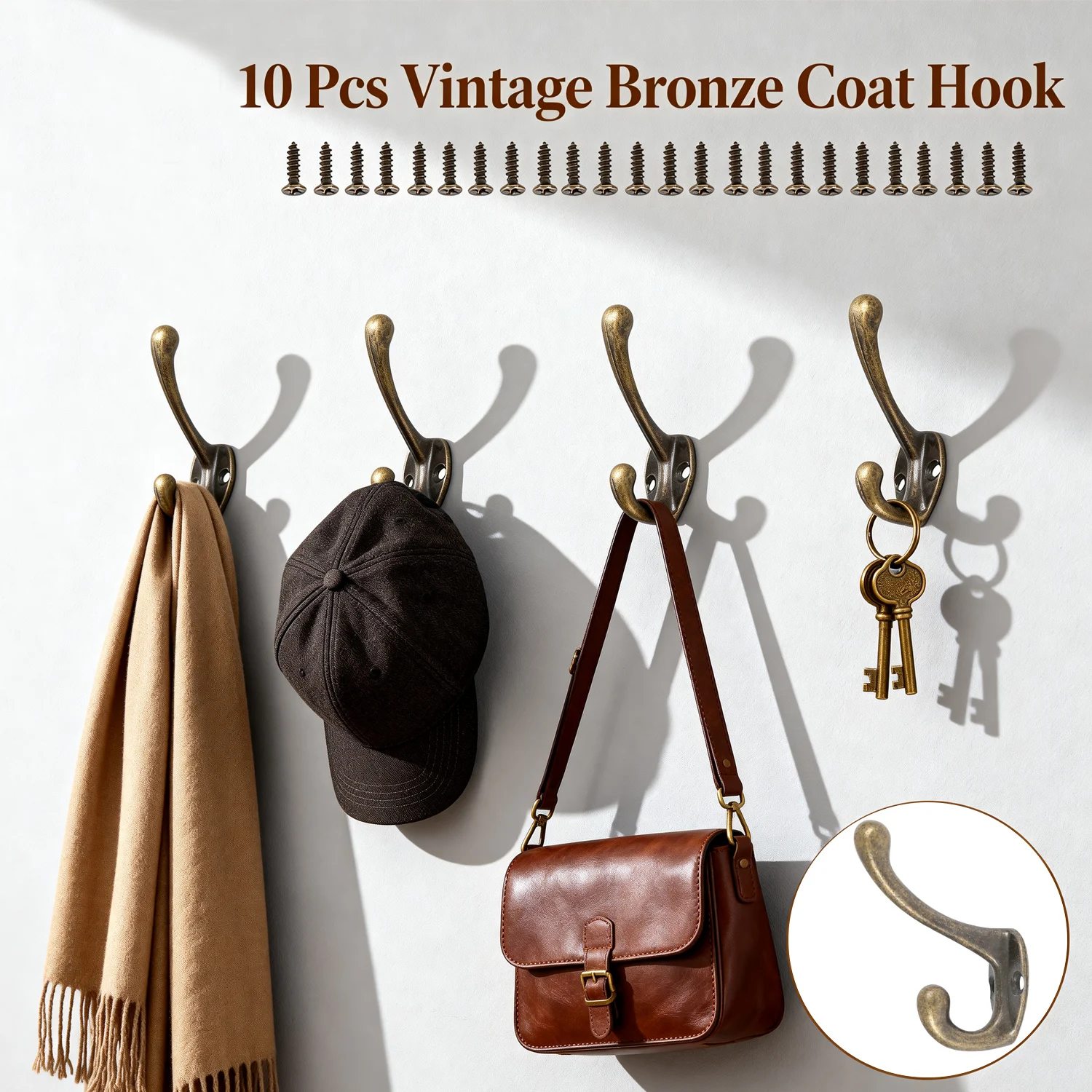 10/20 pçs ganchos de casaco de bronze fixado na parede cabide de roupas vintage com parafusos ganchos de casaco de toalha para porta do banheiro