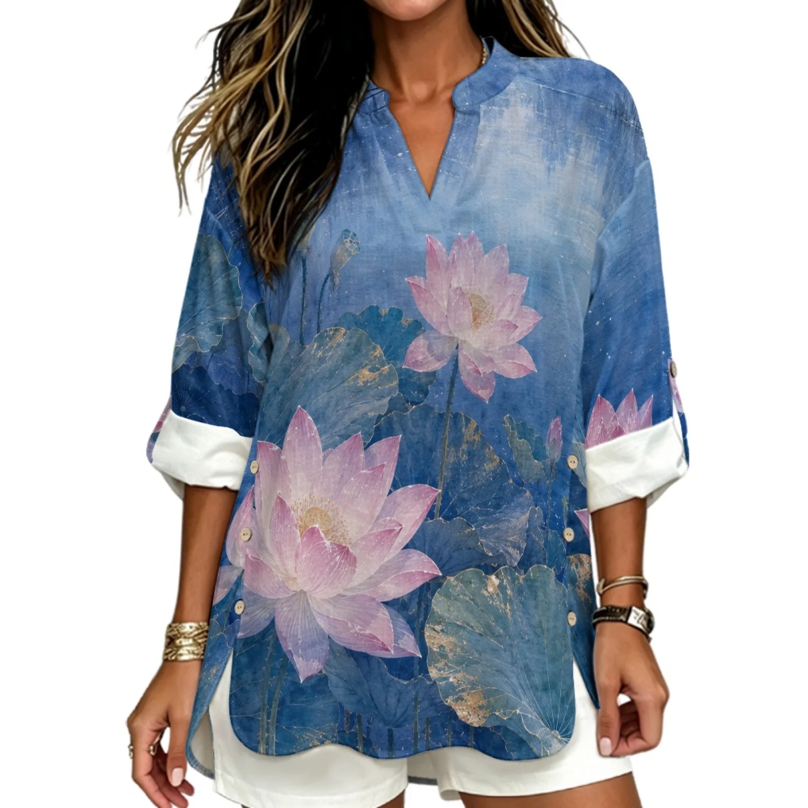 PENSTROLL Lotus Pond Print Slit Casual Loose Fit Blouses for Business Linen Like Women's Long Sleeve Shirt Sizes S-5XL