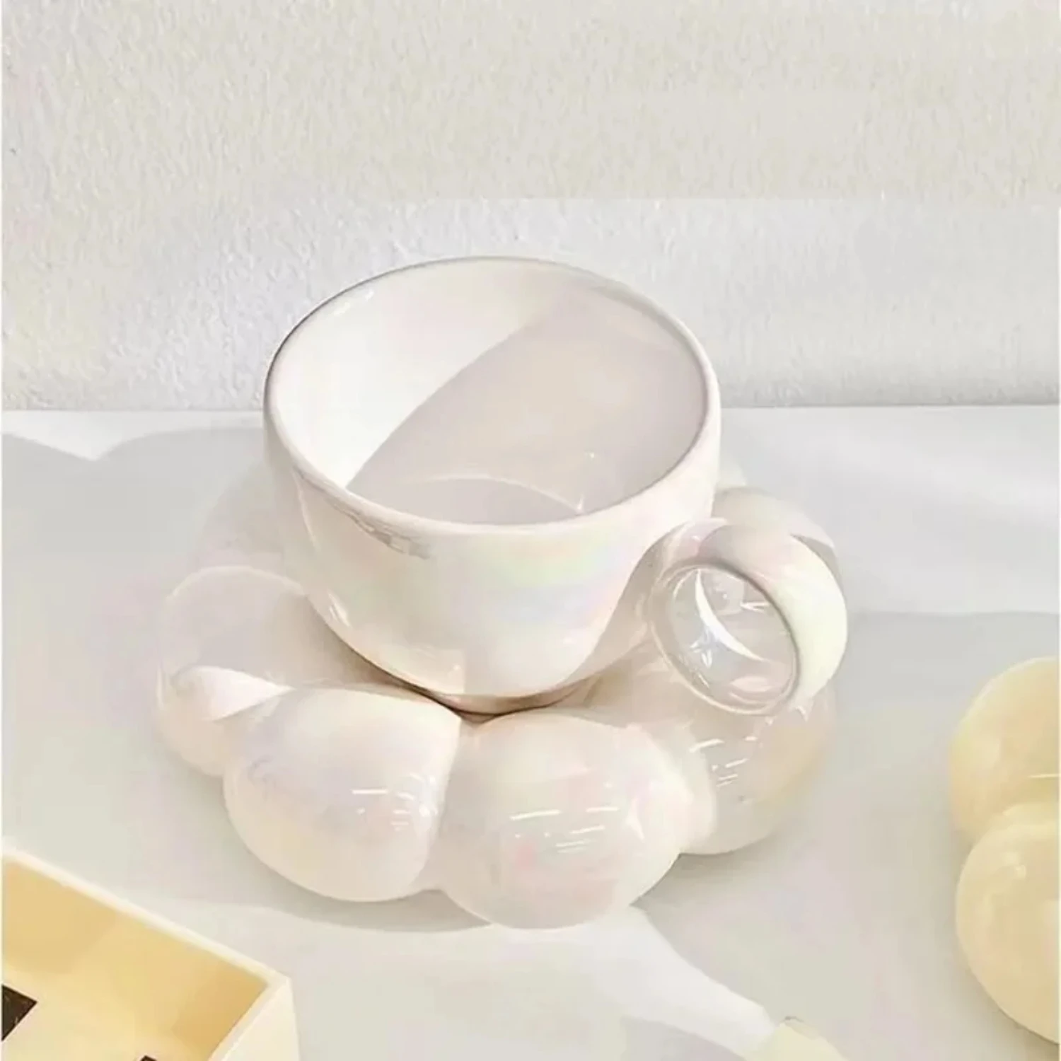 Creative Cute Pink Pearl White Sunflower Macaroon Series Coffee Ceramic Cups and Saucers - Simple Office Mug Set