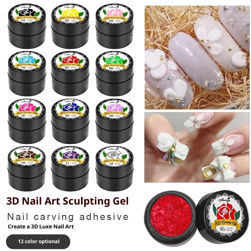 

12 Colors Non Stick 3D Relief Carving Gel High Viscosity Easy Shape Manicure Sculpting Set for Nail Art Beginners and Salon Use