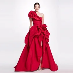 2023 New Fashion Prom Gown vestido do fiesta Lush Ruffle Women Dresses Red One Shoulder Layered High Split Party Gowns