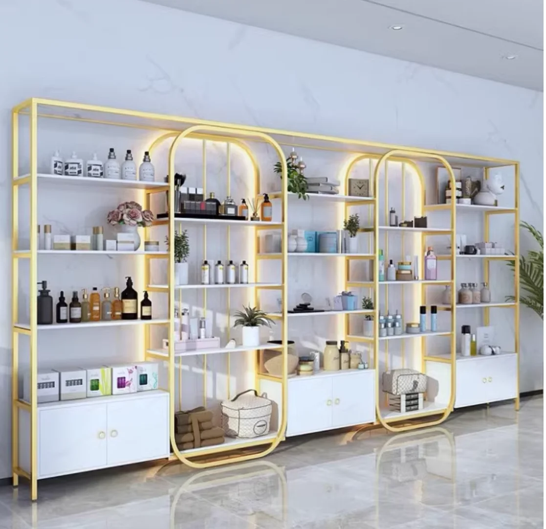 Cosmetics beauty salon skin care products display cabinet Nail makeup store shelves Hair health club live storage rack