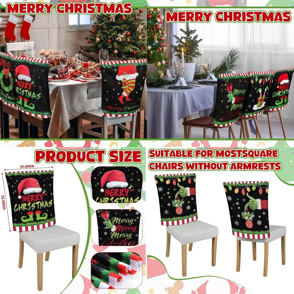 

Lime Green Christmas Chair Covers, 10-Piece Set, Merry Christmas Design, Washable, Black, Red, and Lime Green for Xmas Home Dini