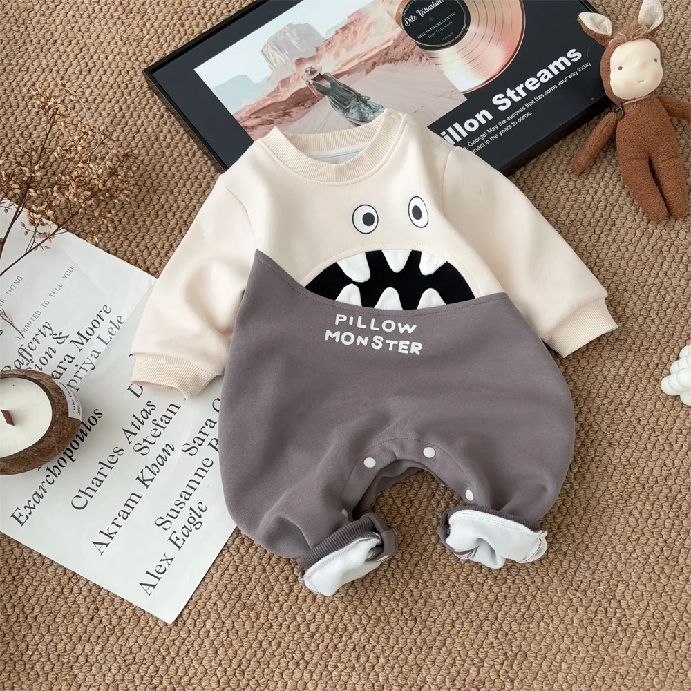 

Spring Autumn Infant Boys Bodysuit Cotton Cartoon Little Monster Spliced Baby Boys Rompers Loose Soft Newborn Boys Outfits
