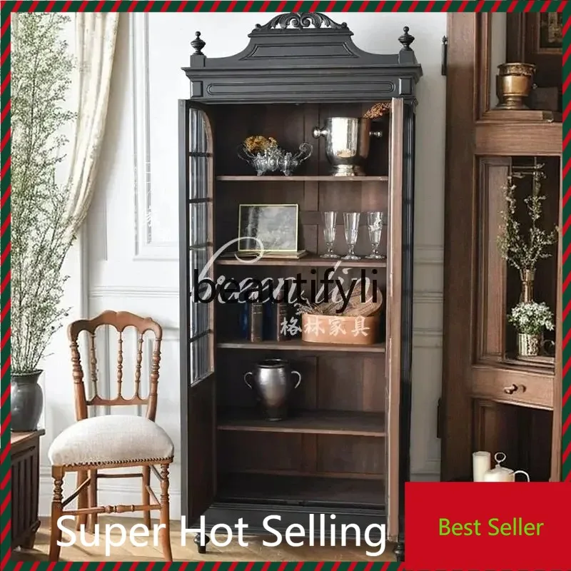 

M71 French retro solid wood carving flower wine cabinet American country decorative cabinet storage, display cabinet45
