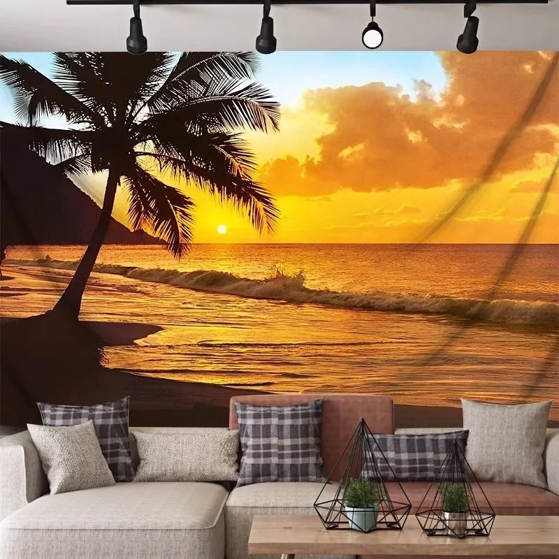 VIKAMA Tropical Sunset Tapestry Living Room Bedroom Boho Wall Decor Gradient Ocean Waves Palm Trees ins style