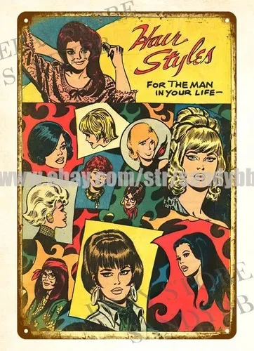 Estilos de peinados de los años 60, arte cómico, moda femenina, carteles de pared de metal para el hogar