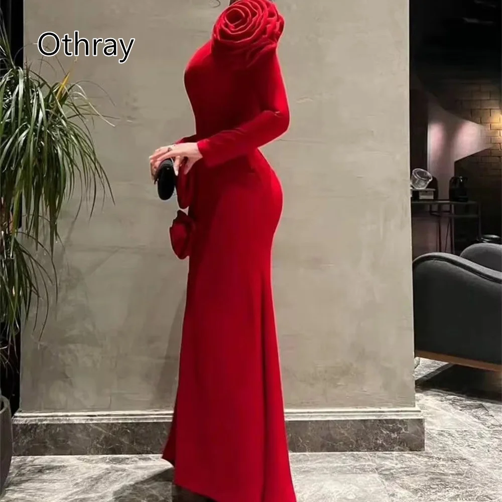 Othray Charming Red Evening Dresses High Neck 3D Rose Long Sleeves Saudi Arabia Dubai Formal Prom Gowns Wedding Guest Party Robe