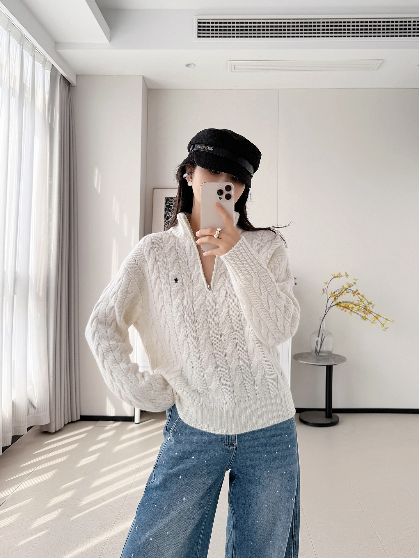 

White Camere Knitted Sweater Women's f Zipper Stand Collar Embroidered eep Wool Camere Knitwear Loose Fit Sle