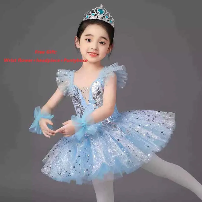 Robe de tutu de ballet romantique pour enfants, jupe de danse pour filles, jupe de ballet à paillettes dorées, vêtements de performance, robe longue de princesse pour enfants