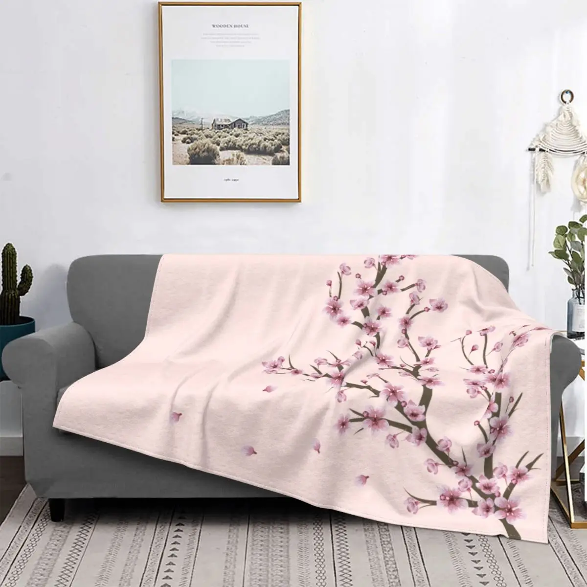 Fleece Blooming Sakura Branch Throw Blanket Warm Flannel Cherry Blossom Japanese Flower Blankets for Bed Travel Sofa Bedspreads