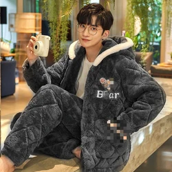 Hooded Pajamas Male Wintertime Extremely Thick Warm Coral Fleece Three Layers of Cotton Flannel Loungewear Set Pajamas for Men
