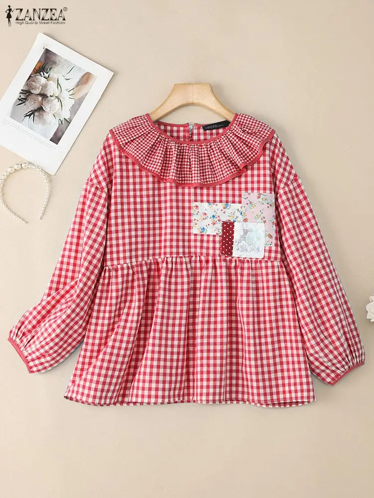 

ZANZEA Womens Gingham Blouses Peter-Pan Collar Lantern Sleeve Patchwork Sweet Babydoll Tops Fall 2025 New Woman Clothing 3XL
