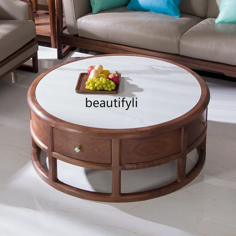 

Living Room Home Stone Plate round Tea Table New Chinese Style Black Walnut Solid Wood Light Luxury Tea Table furniture