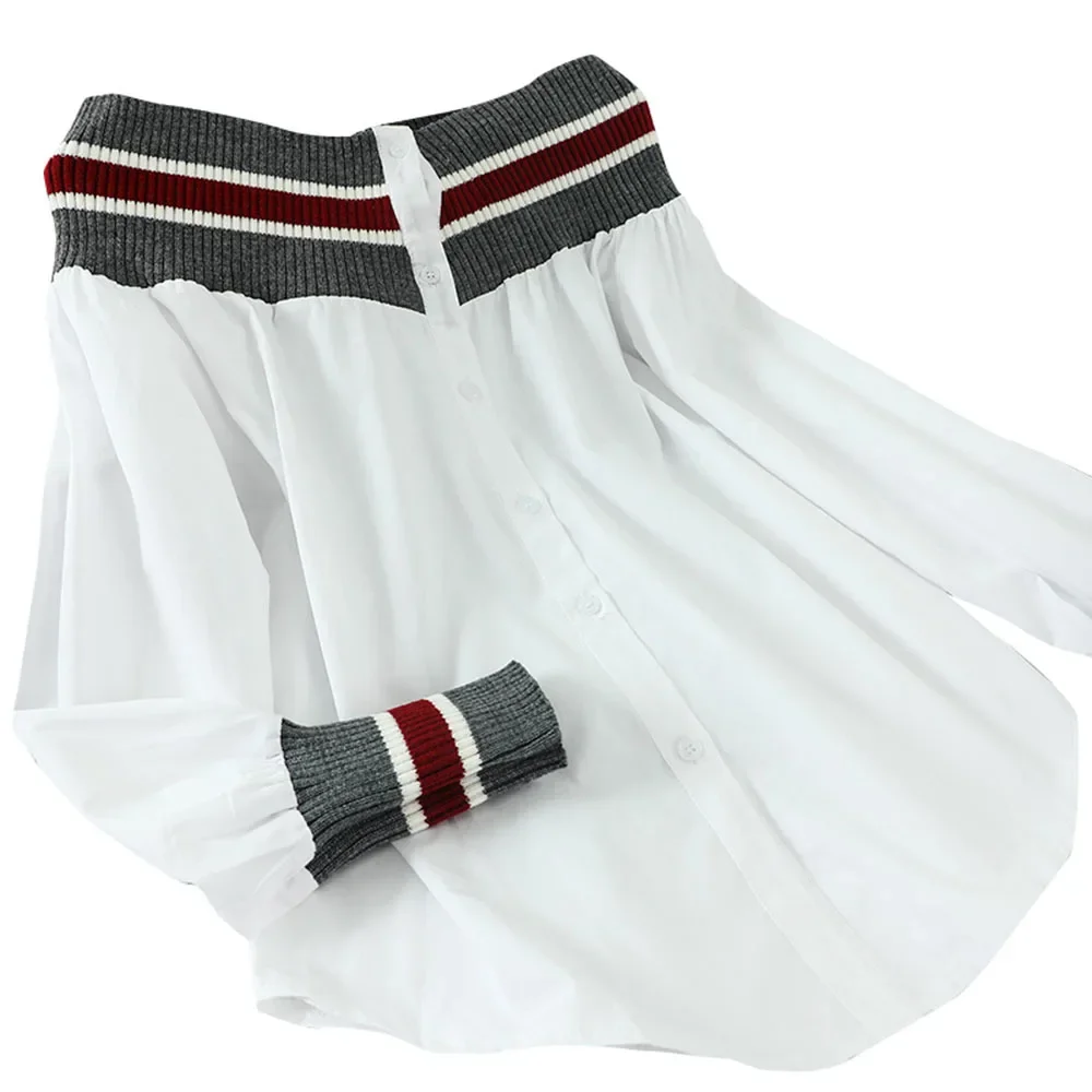 Wiosna Jesień Damskie Koszule Patchworkowe Paski Granatowy Styl Luźna Koszula Retro Długi Rękaw Koszula z Rękawem Latarnia Topy Damskie