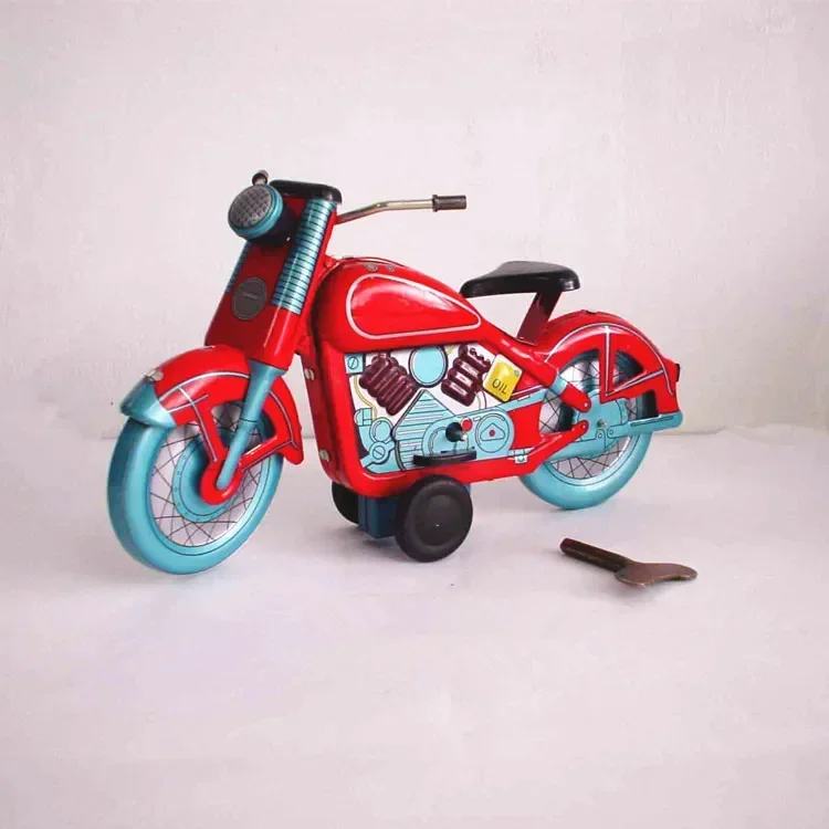 Mainan mesin jam motor, [Lucu] koleksi dewasa Retro angin mainan logam timah bergerak Vintage sepeda motor mekanik mainan figur model hadiah anak-anak