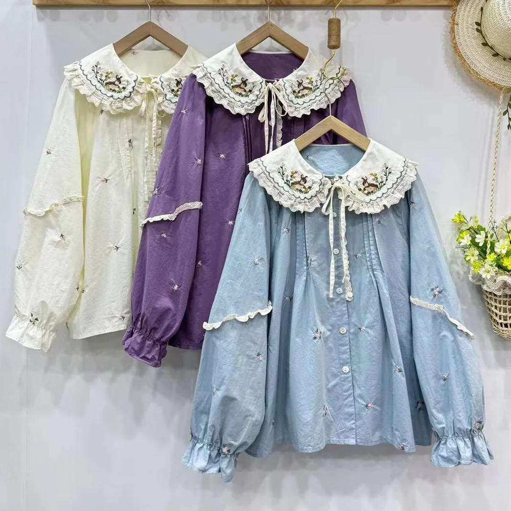 

Japanese Sweet Mori Girl Lace Cartoon Embroidery Cotton Shirts Women Spring Autumn Peter Pan Collar Long Sleeve Blouse Tops