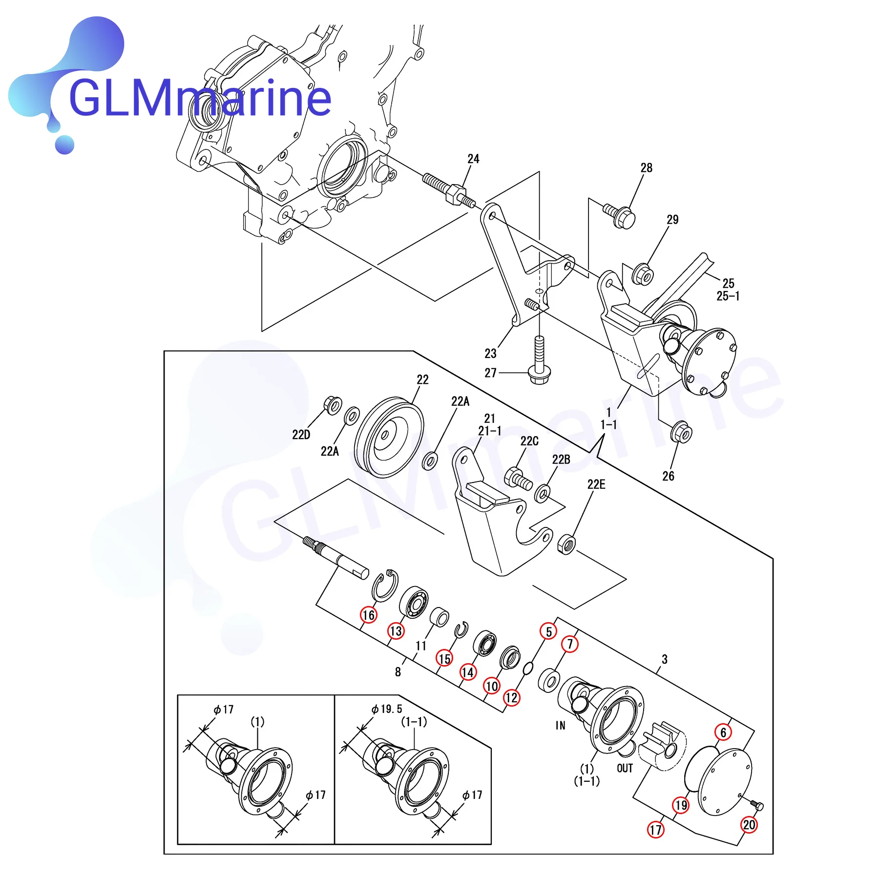 Raw Water Sea Pump Rebuild Kit for Yanmar Engine 128377-42500 128397-42500 128990-42500 I-143