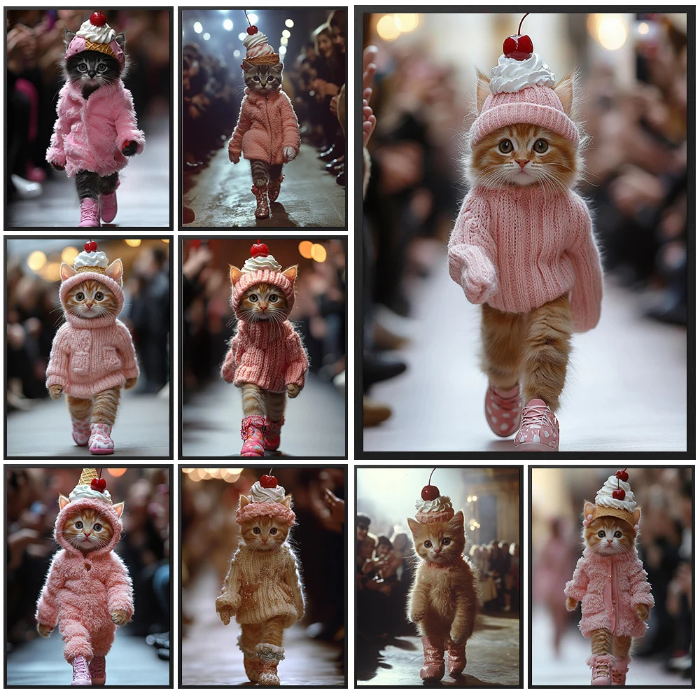 Sweet Fashion Show Cat Art Poster Print,Runway Pet Poster,Pink Sweater Cat Walking Runway Canvas Print Wall Art Decor Unframed