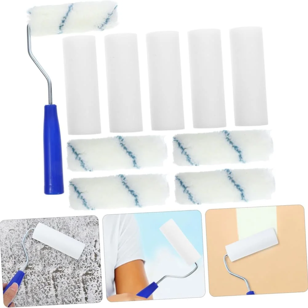 10 Piece Paint Roller Set With Tray Handle Foam And Cotton Brushes For Interior Exterior Wall Door Oil Based Paint