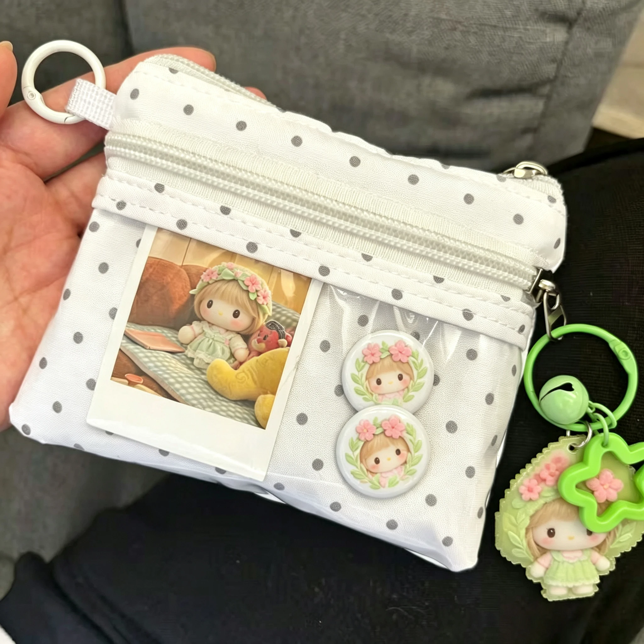 Kawaii Multi-layer Delicate High-end Gray Polka Dot Clutch Bag Storage Portable ID Holder Card Wallet Women Coin Purse Cute Gift