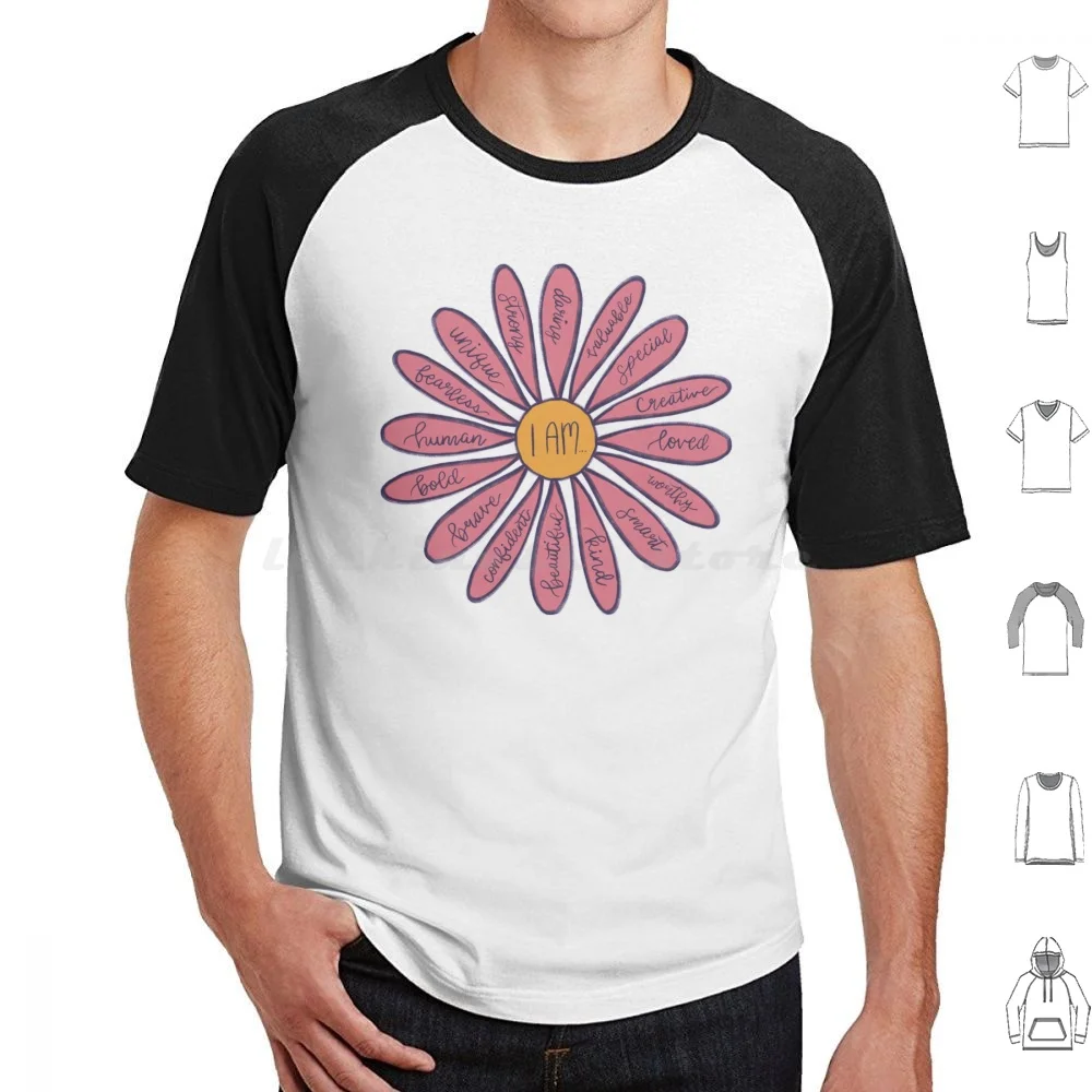 Pink Flower I Am Positive Affirmations Sticker Daisy T Shirt Cotton Men Women DIY Print Pink Flower Floral Flowers Cute