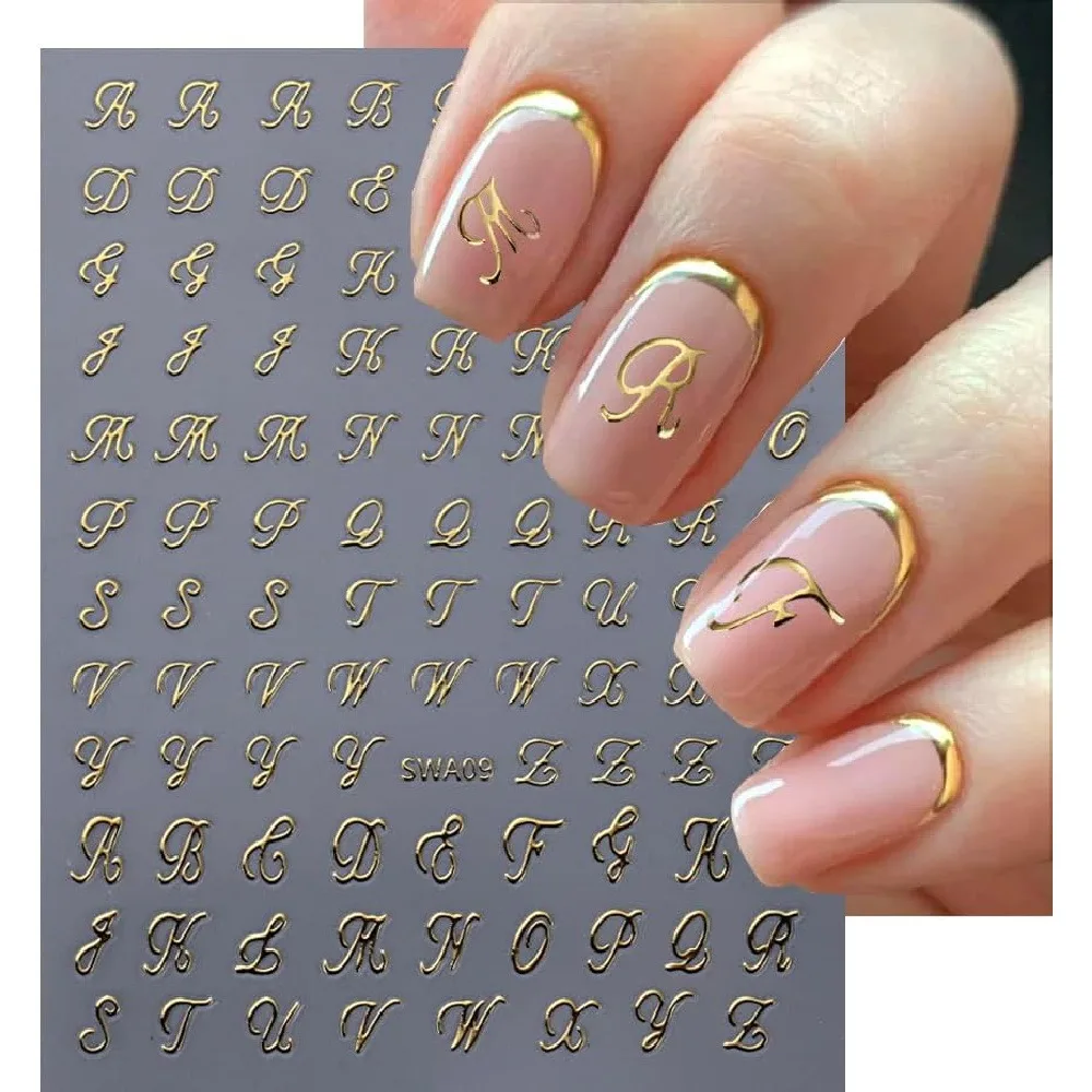 3D Letter Number Nail Stickers, Self-Adhesive Vintage Alphabet Nail Decals, Gothic Font Manicure Decor Stickers for Nail Art DIY