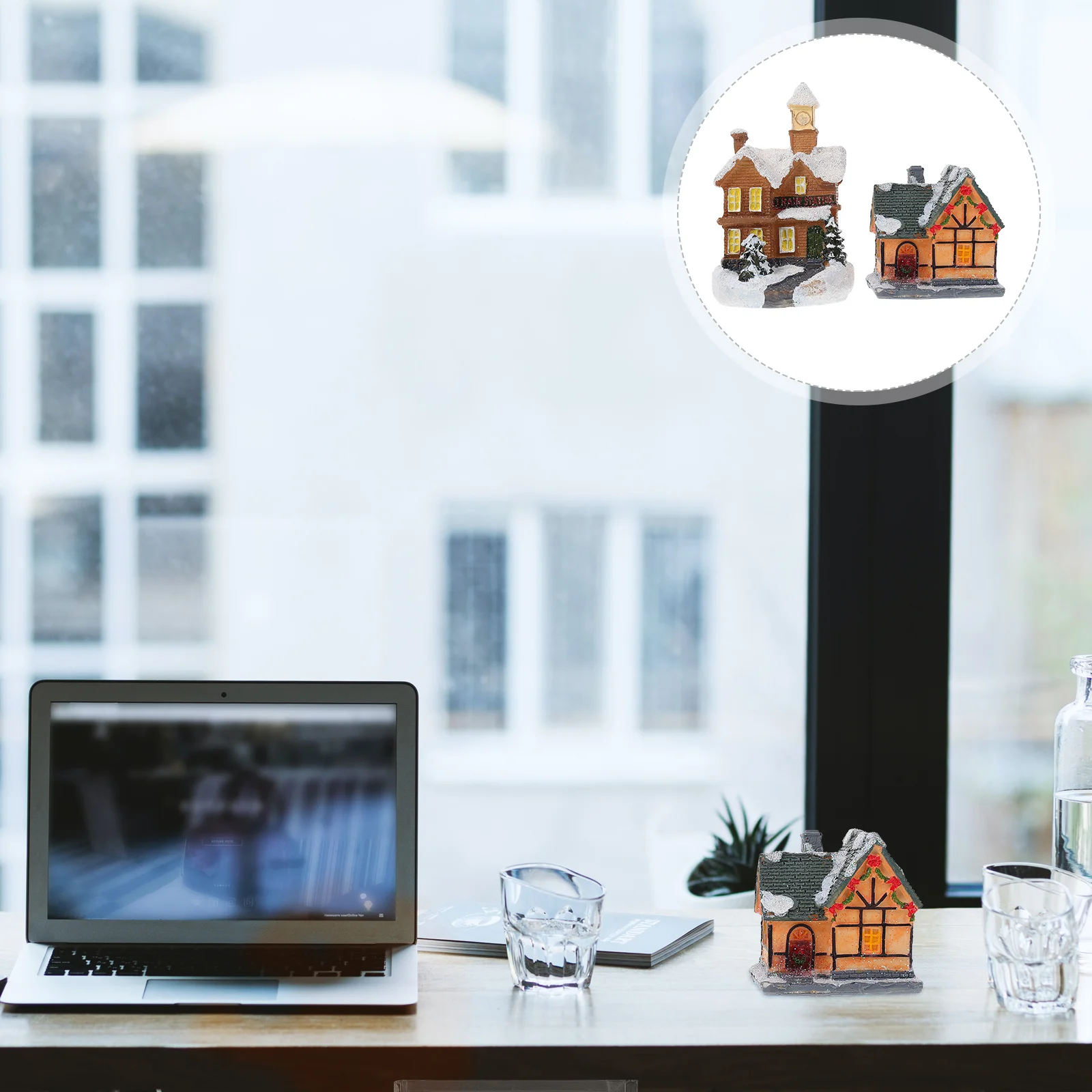 

2Pcs Christmas Resin House Mini Landscape Decor Luminous Micro House for Xmas Party Home Office Desk Holiday Gift Idea