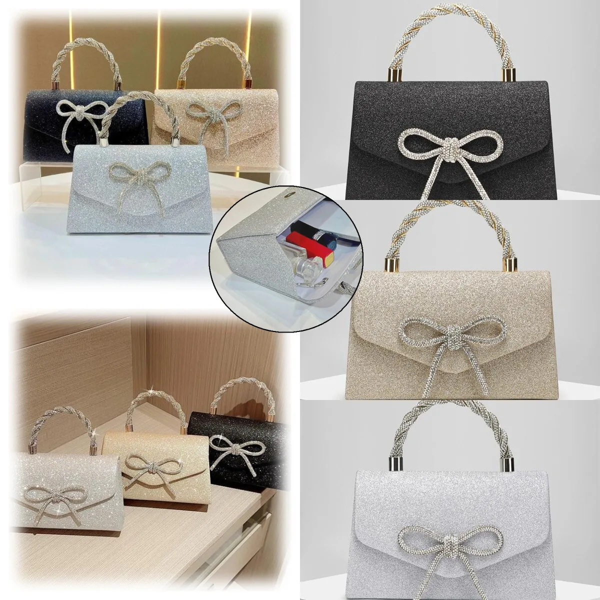 موضة حجر الراين Bowknot مساء حقيبة بريق الذهب الفضة القوس سلسلة حقيبة حقيبة صغيرة للنساء الإناث