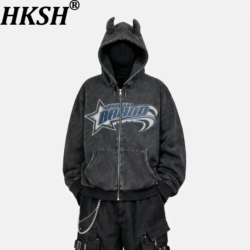 HKSH Spring Autumn New Men Tide Dark Punk Vintage Horned Sweatshirt Washed Embroidered Fit Hooded Cardigan Casual Hoodie HK27438