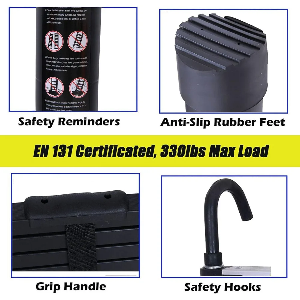 Scala di estensione in alluminio 16,5 piedi 5 m, scala domestica nera portatile con ganci staccabili, peso 28,4 libbre, pieghevole per una facile conservazione