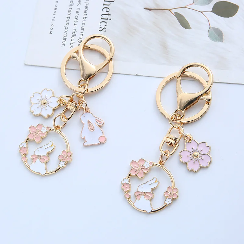 Cute Sakura Flower Rabbit Keychain for Women Sweet Cartoon Enamel Gold Color Key Chain Bag Car Key Decoration Girls Gift