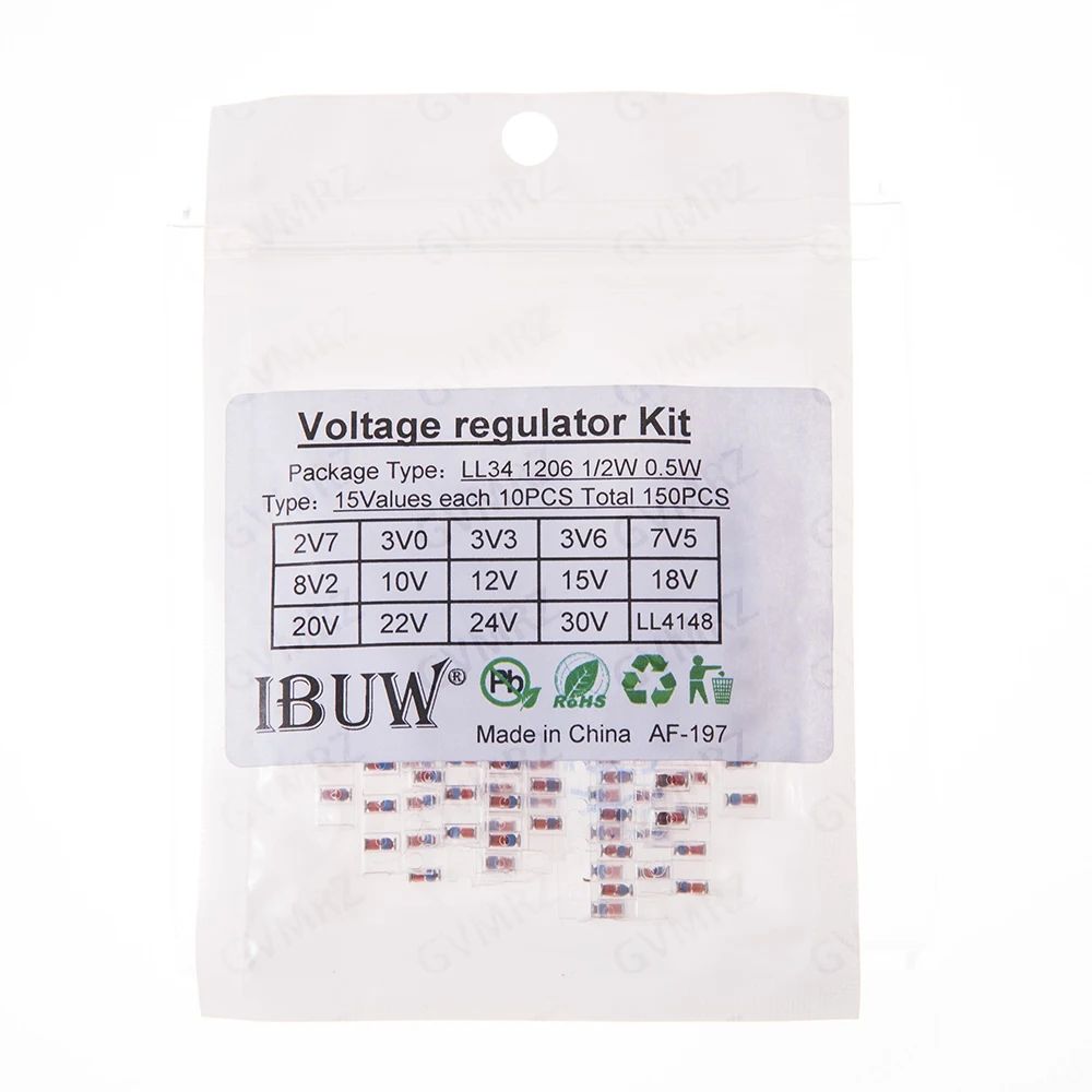 15Value *10pcs=150pcs  2.7V 3.3V 7.5V  LL34 SMD Zener Diode Assorted Kit 0.5W 2.7V-30V And LL4148 10V 12V 15V 18V 20V 24V 30V