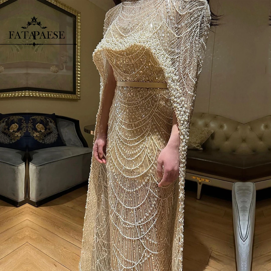 

FATAPAESE Customized Luxury Pearls Dubai Beaded Champagne Evening Dresses with Cap Arabic Mermaid Wedding Party Celebrity Prom