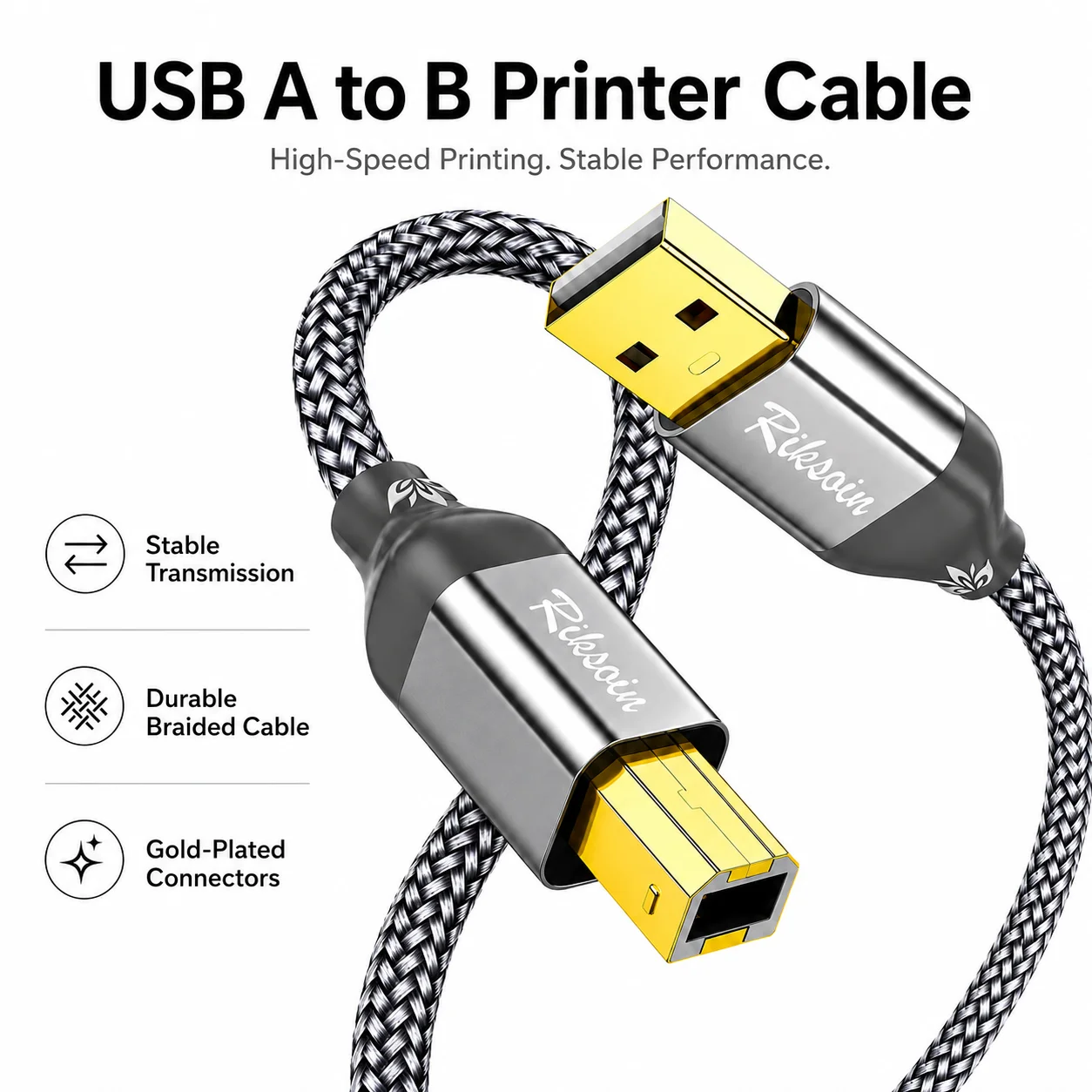 Riksoin USB Type-A to Type-B 2.0 Cable, 480 Mbps, Gold-Plated, Wear-Resistant, Plug & Play for Printer/Scanner/DAC/Audio Interfa