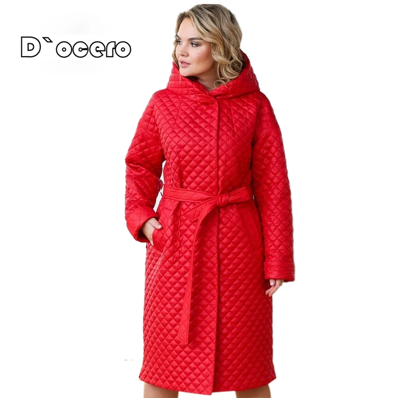 

2022 DOCERO Women's Jacket Spring Autumn Long Hoodie Quilted Coat Belt Loose Luxury Parka Oversize Clothing Warm Outerwear