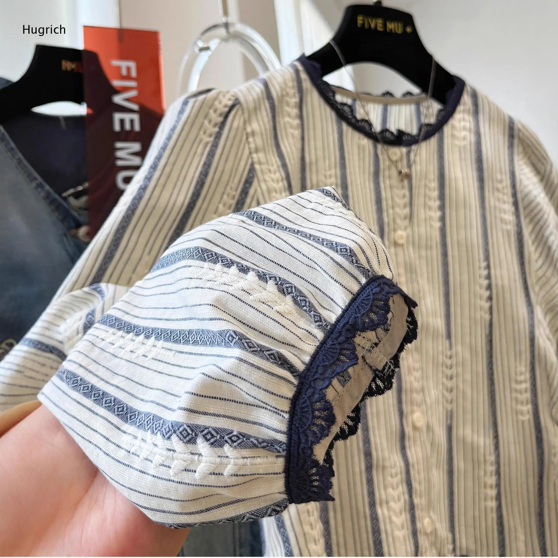 Vintage Stripe Blouse Hollow Embroidery Detail Round Neck Scalloped Lace Trim Long Puff Sleeve Front Cropped Casual Shirt