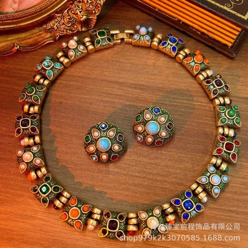 Vintage Contrast Color Glass Stone Earrings, Western Court Antique Floral Gemstone Retro Jewelry Set